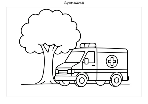 Gambar Mewarnai Ambulan di Bawah Pohon