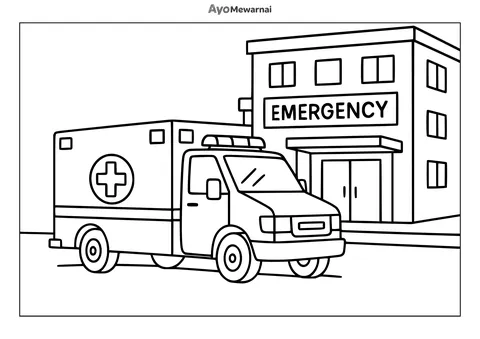 Gambar Mewarnai Ambulan di Depan Rumah Sakit