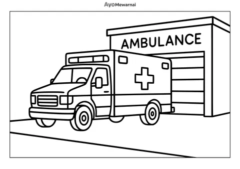 Gambar Mewarnai Ambulan di Garasi