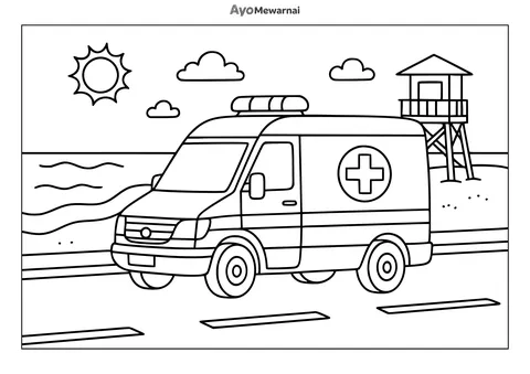 Gambar Mewarnai Ambulan di Pantai
