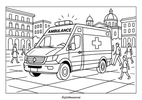 Gambar Mewarnai Ambulan di Tempat Umum