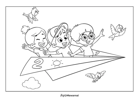 Gambar Mewarnai Anak-Anak di Pesawat Kertas