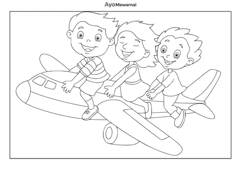 Gambar Mewarnai Anak-Anak Naik Pesawat Terbang