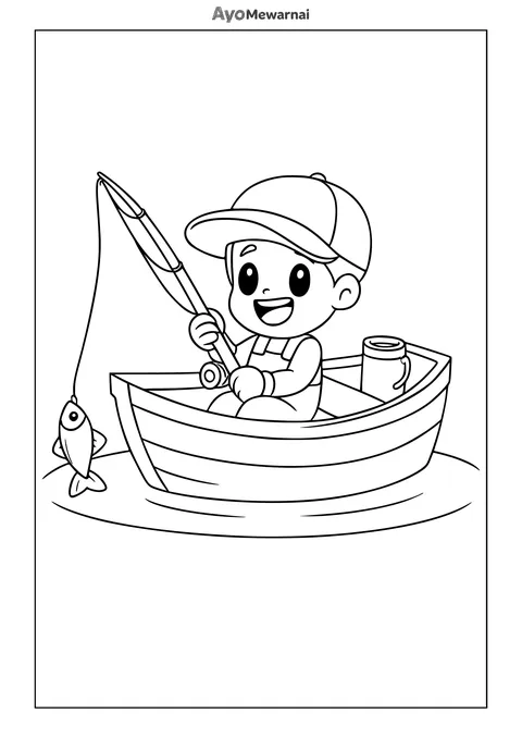 Gambar Mewarnai Anak Kecil Memancing di Perahu
