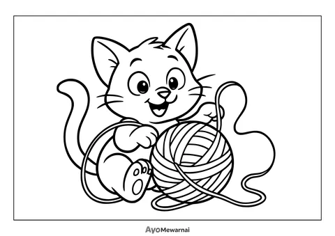 Gambar Mewarnai Anak Kucing Bermain Benang