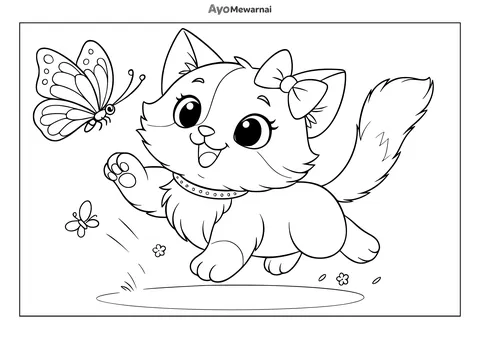 Gambar Mewarnai Anak Kucing dan Kupu-Kupu