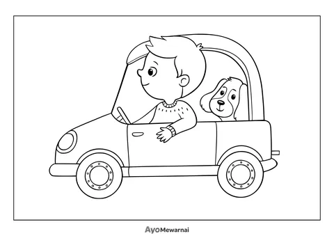 Gambar Mewarnai Anak laki laki dan Anjingnya Naik Mobil