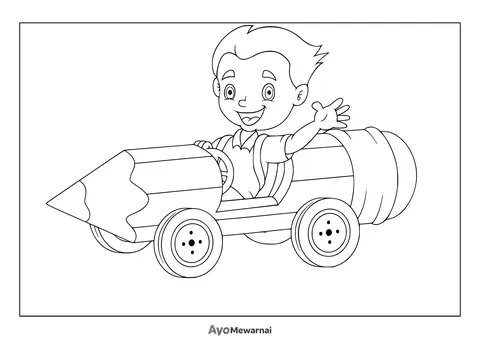 Gambar Mewarnai Anak Laki-Laki di Mobil Pensil