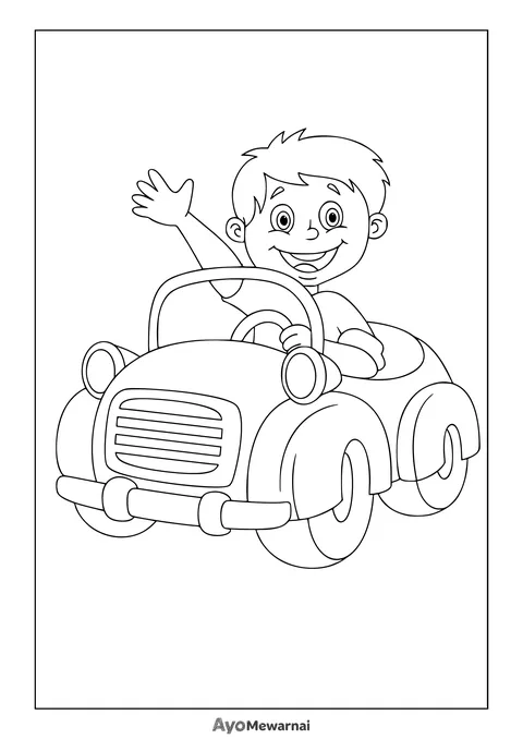 Gambar Mewarnai Anak Melambai dari Mobil