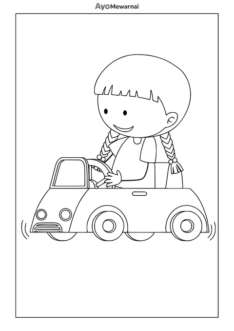 Gambar Mewarnai Anak Perempuan di Mobil Mainan