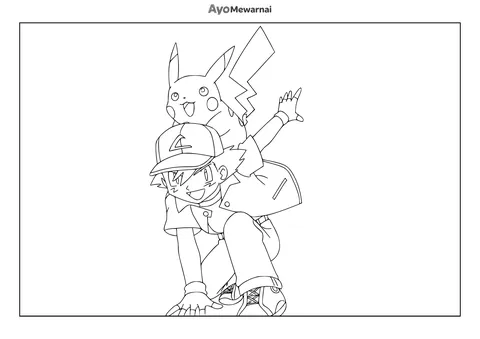 Gambar Mewarnai Ash Ketchum Bersama Pikachu