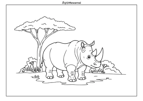 Gambar Mewarnai Badak di Dekat Pepohonan