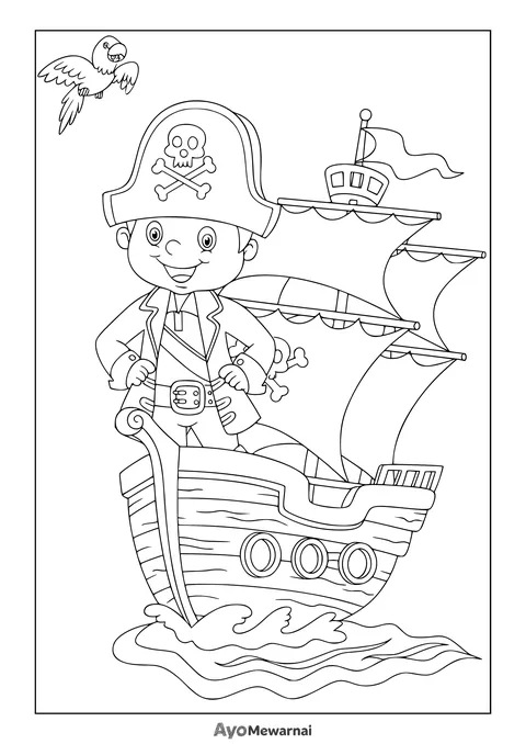 Gambar Mewarnai Bajak Laut Kecil di Kapal Layar