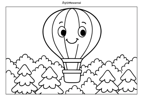 Gambar Mewarnai Balon Udara dan Hutan