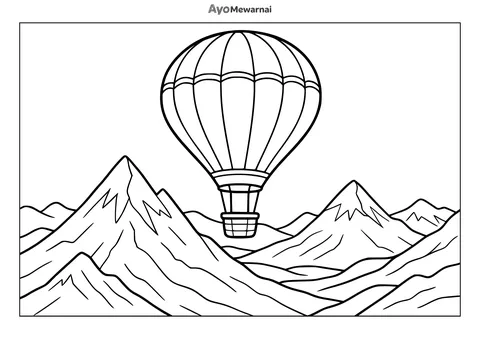 Gambar Mewarnai Balon Udara dan Pegunungan
