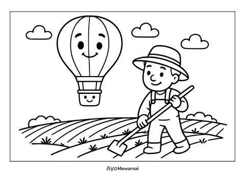 Gambar Mewarnai Balon Udara dan Petani