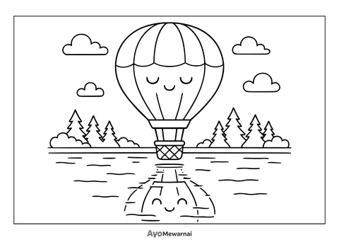 Gambar Mewarnai Balon Udara di Atas Danau