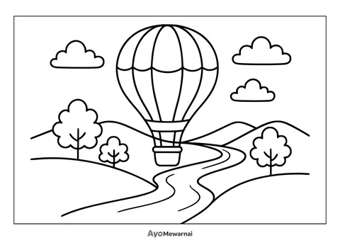 Gambar Mewarnai Balon Udara di Atas Sungai