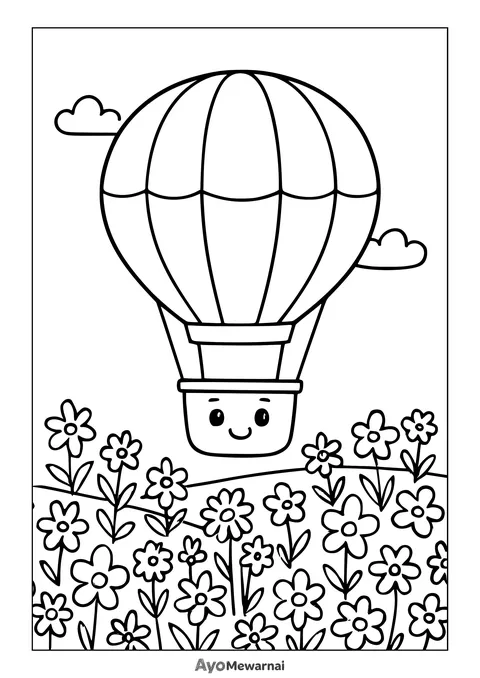 Gambar Mewarnai Balon Udara di Ladang Bunga