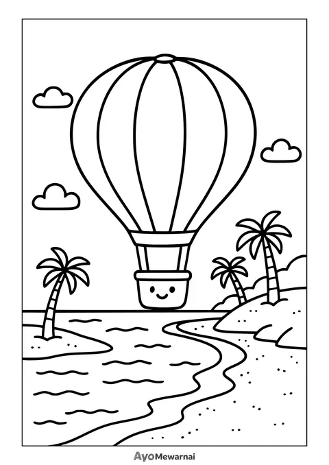 Gambar Mewarnai Balon Udara di Pesisir Pantai