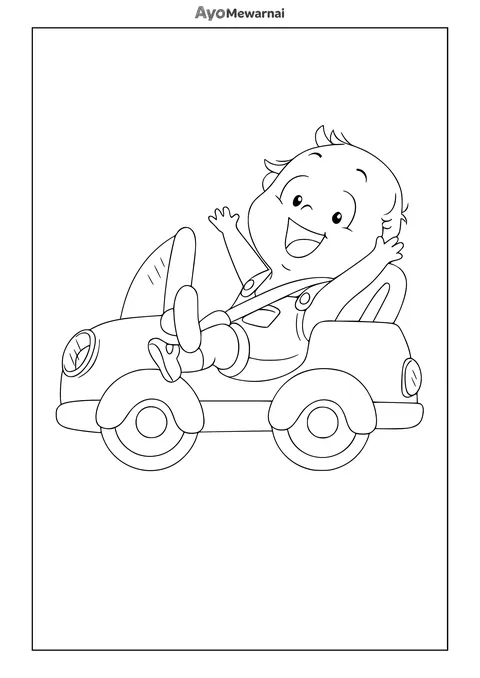 Gambar Mewarnai Bayi Naik Mobil Mainan