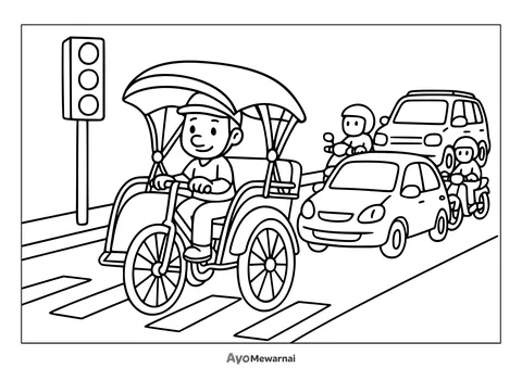 Gambar Mewarnai Becak Berhenti di Lampu Merah