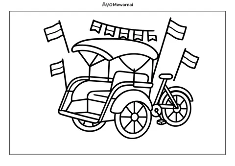Gambar Mewarnai Becak dan Bendera Merah Putih