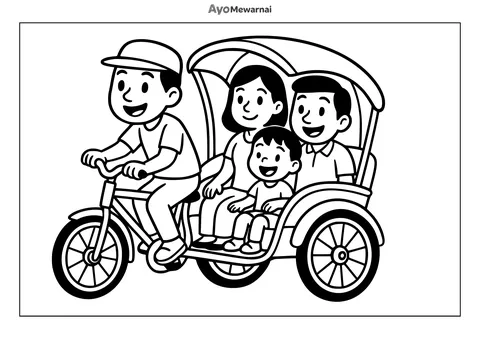 Gambar Mewarnai Becak dan Keluarga