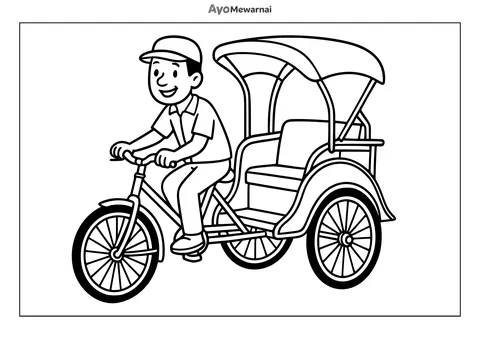 Gambar Mewarnai Becak dan Sopirnya