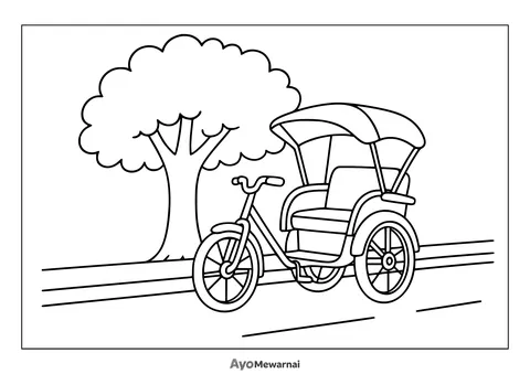 Gambar Mewarnai Becak di Bawah Pohon