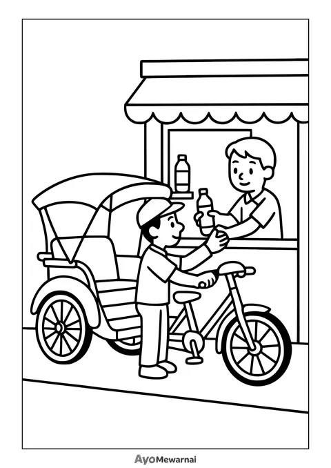 Gambar Mewarnai Becak di Depan Toko