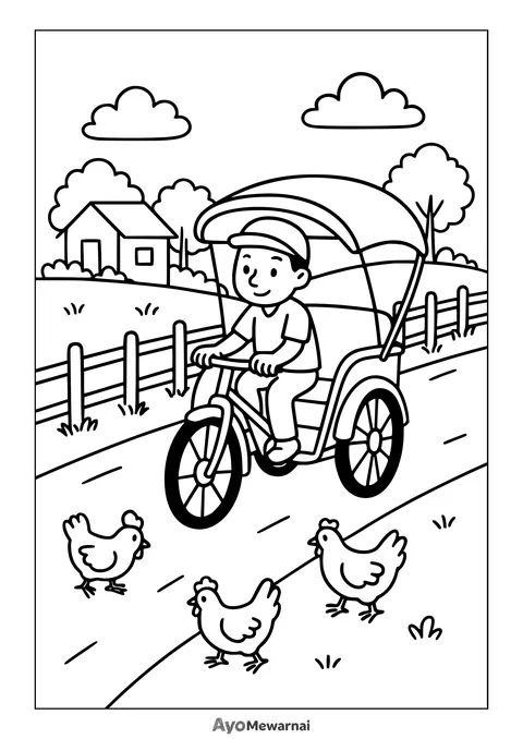 Gambar Mewarnai Becak di Jalan Perkampungan