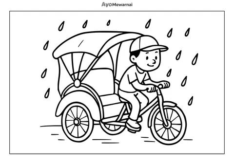Gambar Mewarnai Becak di Musim Hujan