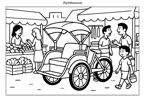 Gambar Mewarnai Becak di Pasar