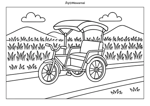 Gambar Mewarnai Becak di Sawah