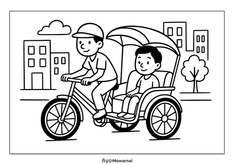 Gambar Mewarnai Becak Mengantar Penumpang