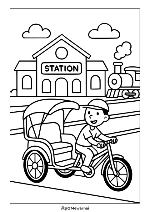 Gambar Mewarnai Becak Menuju Stasiun