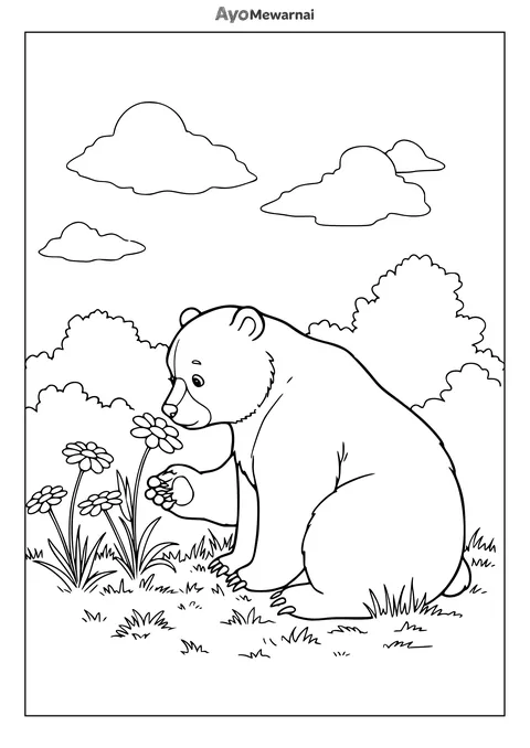 Gambar Mewarnai Beruang Mencium Bunga
