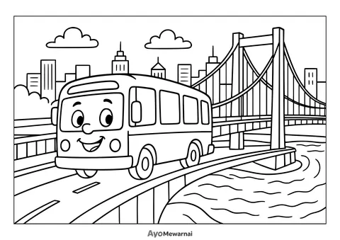 Gambar Mewarnai Bus di Jembatan