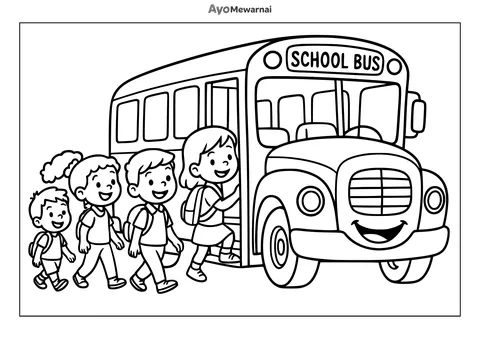 Gambar Mewarnai Bus Sekolah yang Sibuk