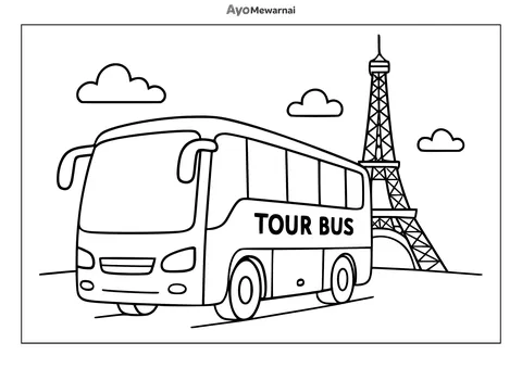 Gambar Mewarnai Bus Wisata di Depan Monumen