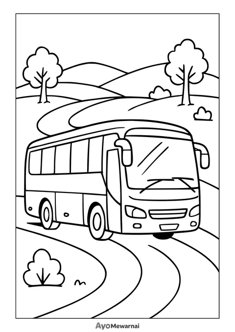 Gambar Mewarnai Bus Wisata di Pedesaan
