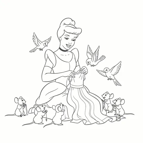 Gambar Mewarnai Cinderella dan Hewan Hewan