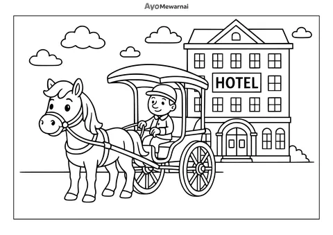 Gambar Mewarnai Delman di Depan Hotel
