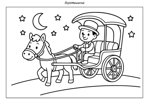 Gambar Mewarnai Delman di Malam Hari yang Cerah