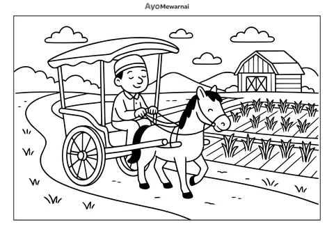 Gambar Mewarnai Delman di Pedesaan