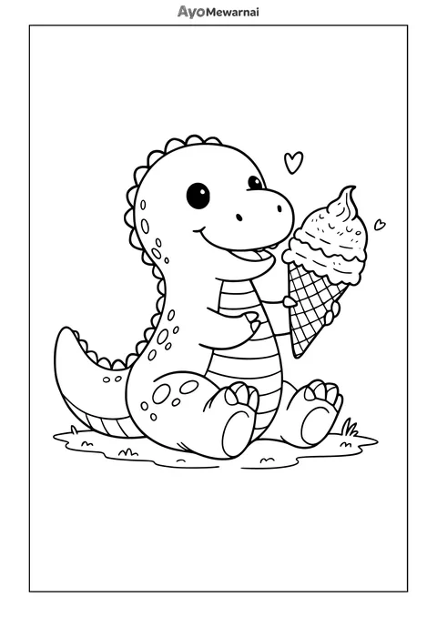 Gambar Mewarnai Dinosaurus dan Es Krim