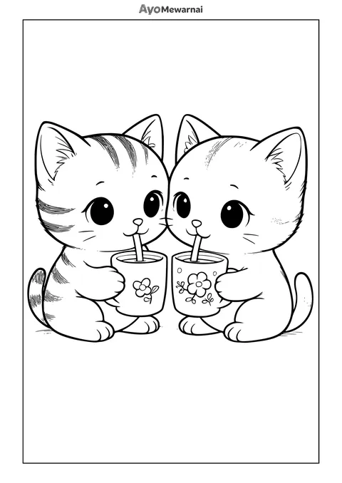 Gambar Mewarnai Dua Kucing Minum Bersama