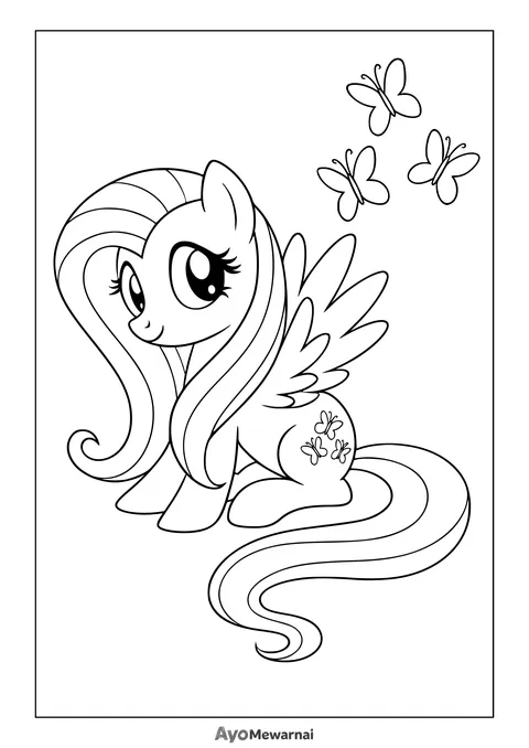 Gambar Mewarnai Fluttershy dan Kupu-Kupu