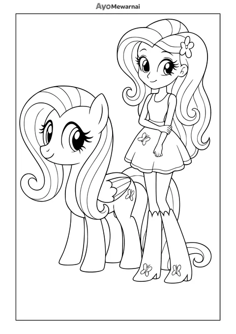 Gambar Mewarnai Fluttershy Versi Poni dan Manusia